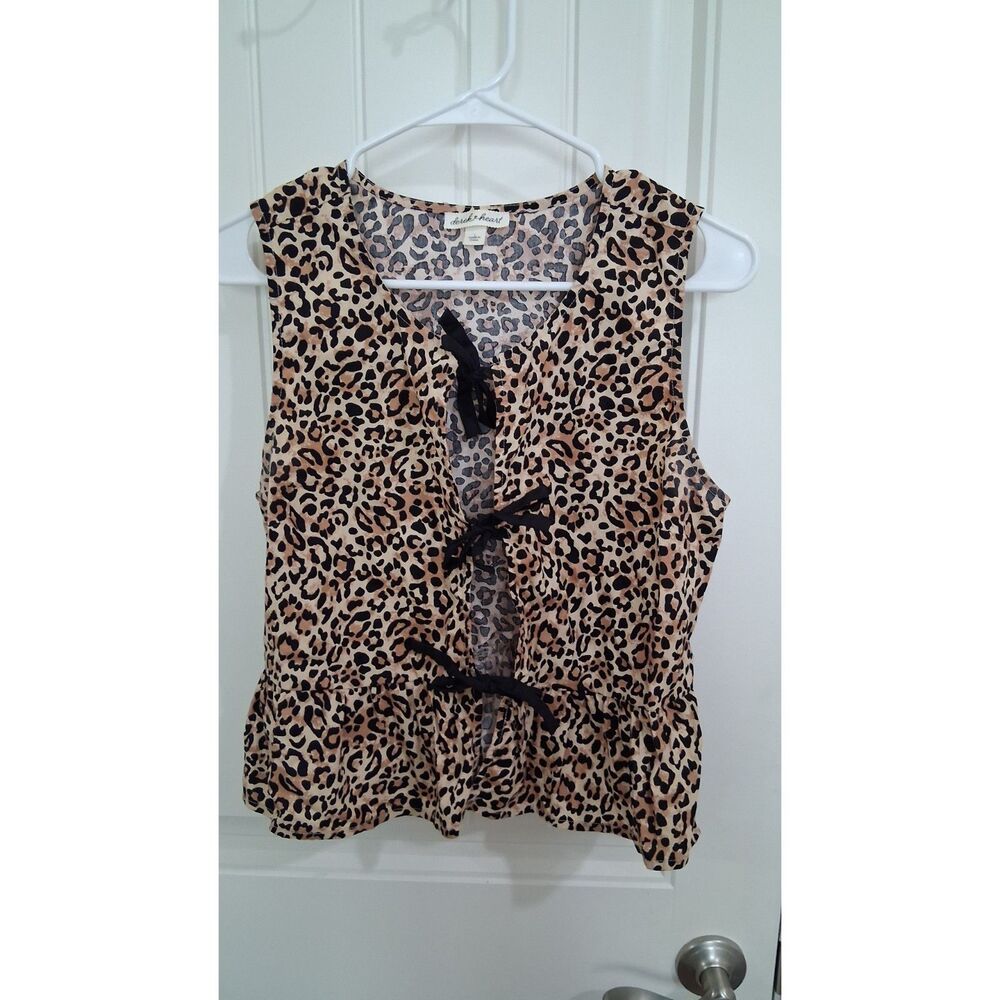Derek Heart Women’s Large Leopard Print Sleeveless Tie Front Peplum Top Blouse